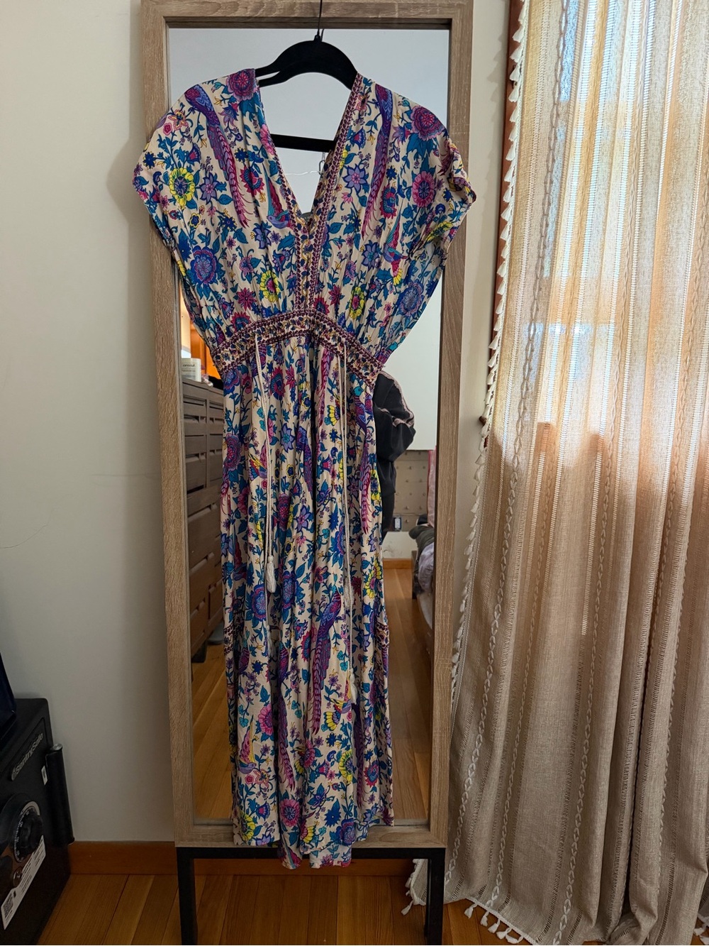 Floral V-Neck Maxi Dress in Cream with Blue & Purple Prints